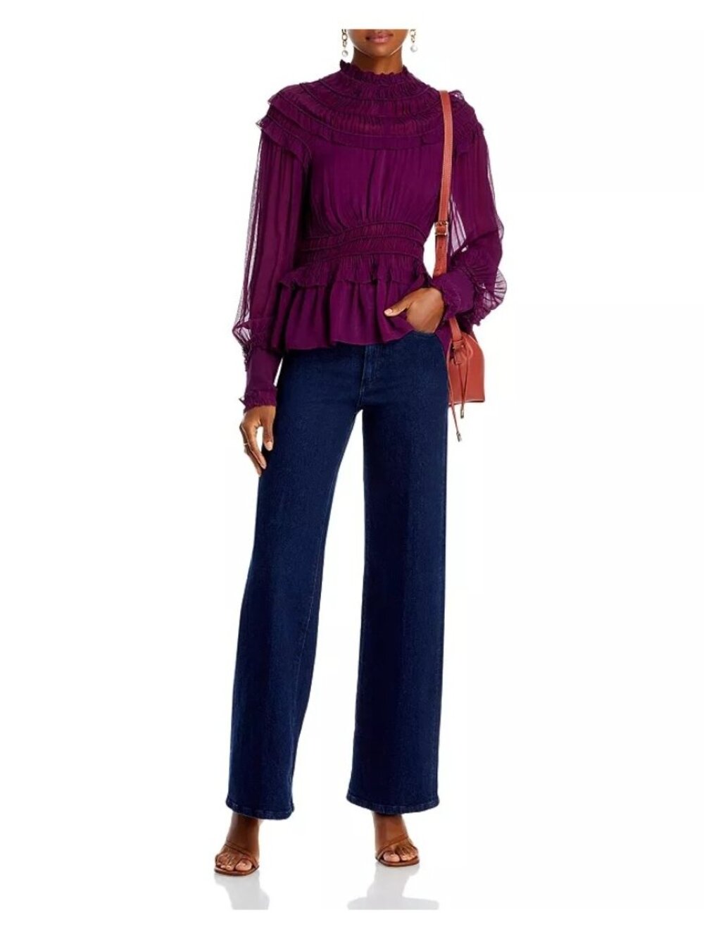 Farm Rio Romantic Ruffle Smocked Boho Long Sleeve Blouse Top Burgundy Size XS - Picture 9 of 9